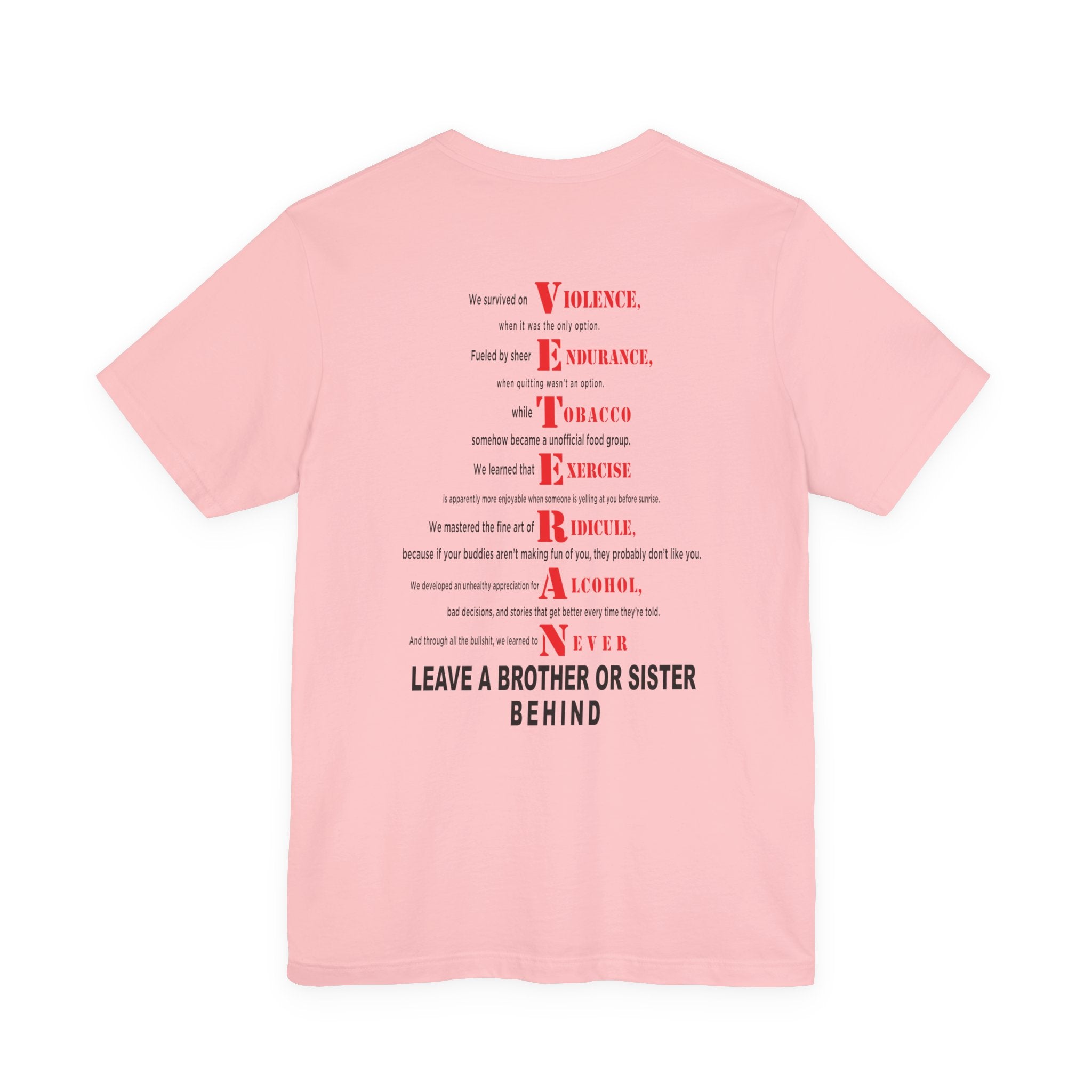Marine Corps veteran T-shirt in Pink showing the full VETERAN acrostic back print