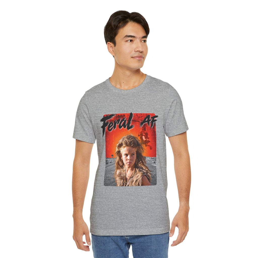 Man wearing the Athletic Heather Feral AF T-shirt, grey marl fabric with the fiery front graphic