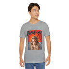Man wearing the Athletic Heather Feral AF T-shirt, grey marl fabric with the fiery front graphic