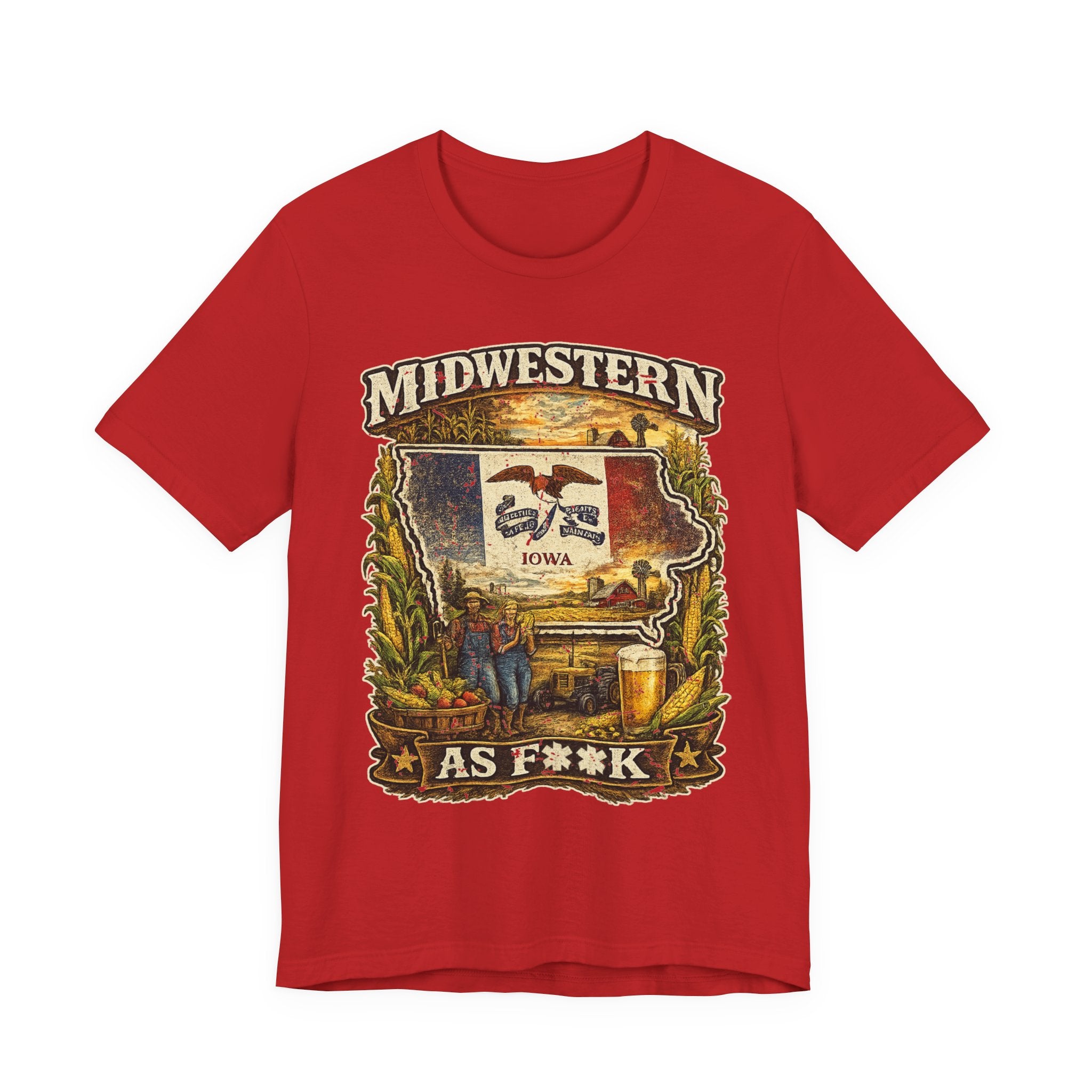 Slightly Salty Midwestern As F**K Iowa T-Shirt in Red – a distressed vintage design featuring the outline of Iowa overlaid with the Iowa state flag, surrounded by towering corn stalks, rolling farmland, a classic red barn, a windmill, a tractor, and an overflowing harvest basket