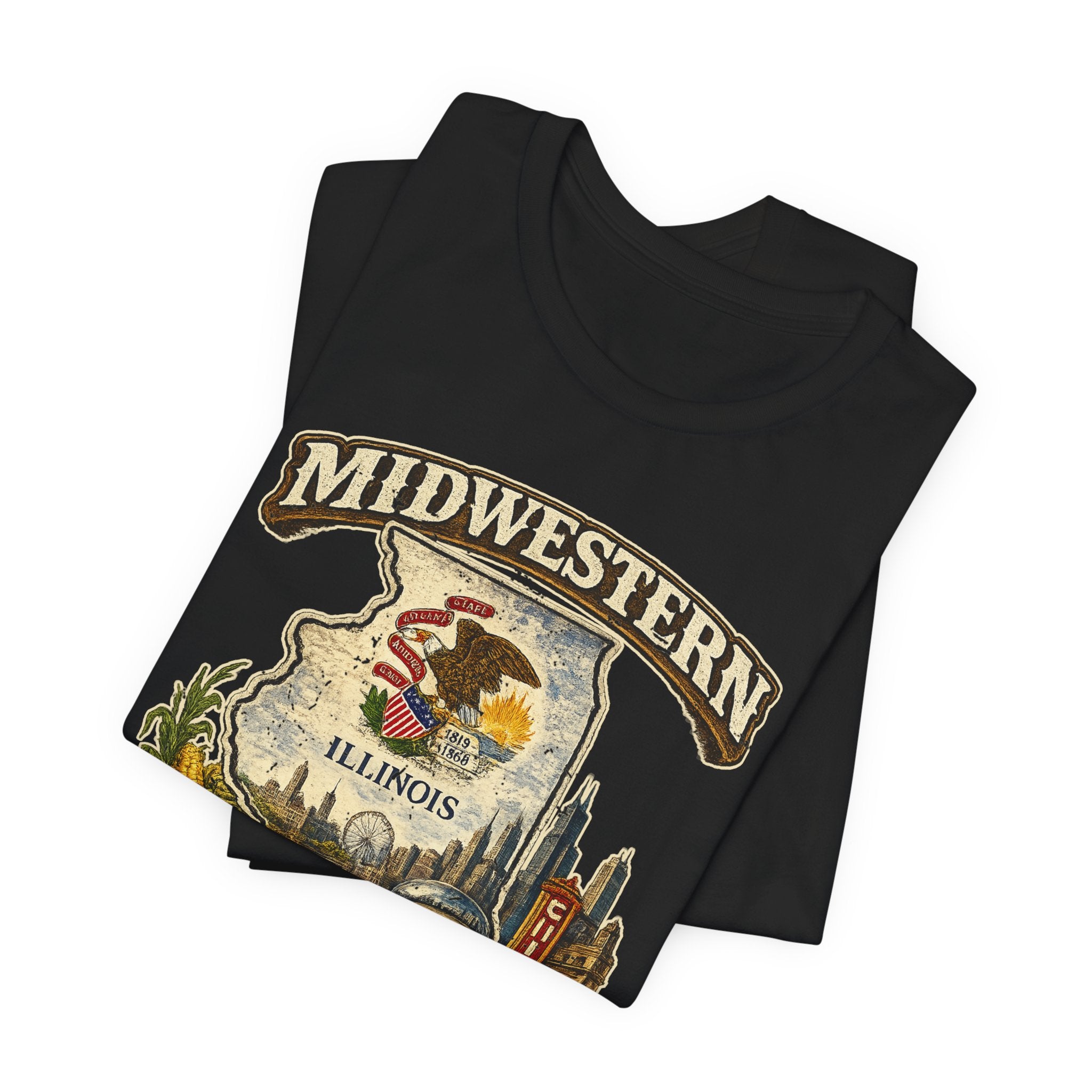 Midwestern As Fuck Illinois T-Shirt – product photo 7 featuring a distressed vintage design featuring the Illinois state outline overlaid with the state flag, surrounded by the Chicago skyline, the Chicago Theatre sign, The Bean, deep-dish pizza, a Chicago-style hot dog, and towering corn fields