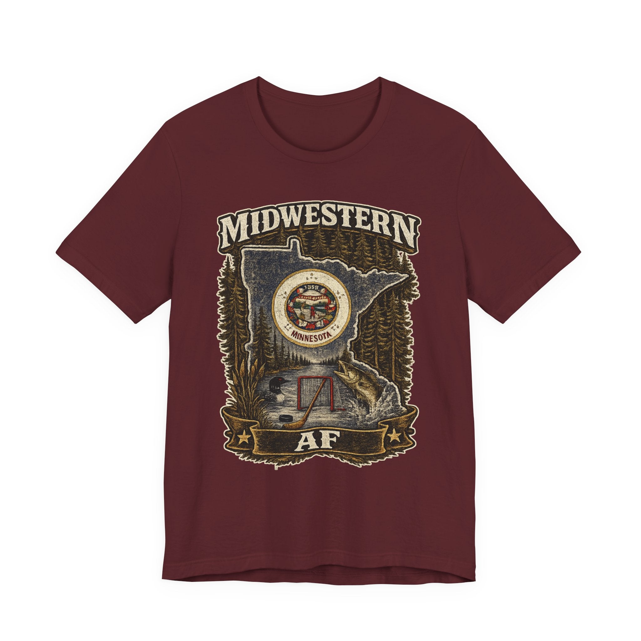 Family Friendly Midwestern AF Minnesota T-Shirt in Maroon – distressed Minnesota state flag design with pine trees, loon and walleye