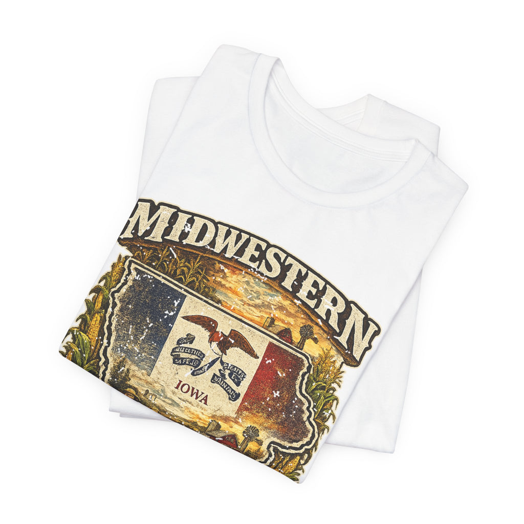 Midwestern As Fuck Iowa T-Shirt – product photo 21 featuring a distressed vintage design featuring the outline of Iowa overlaid with the Iowa state flag, surrounded by towering corn stalks, rolling farmland, a classic red barn, a windmill, a tractor, and an overflowing harvest basket