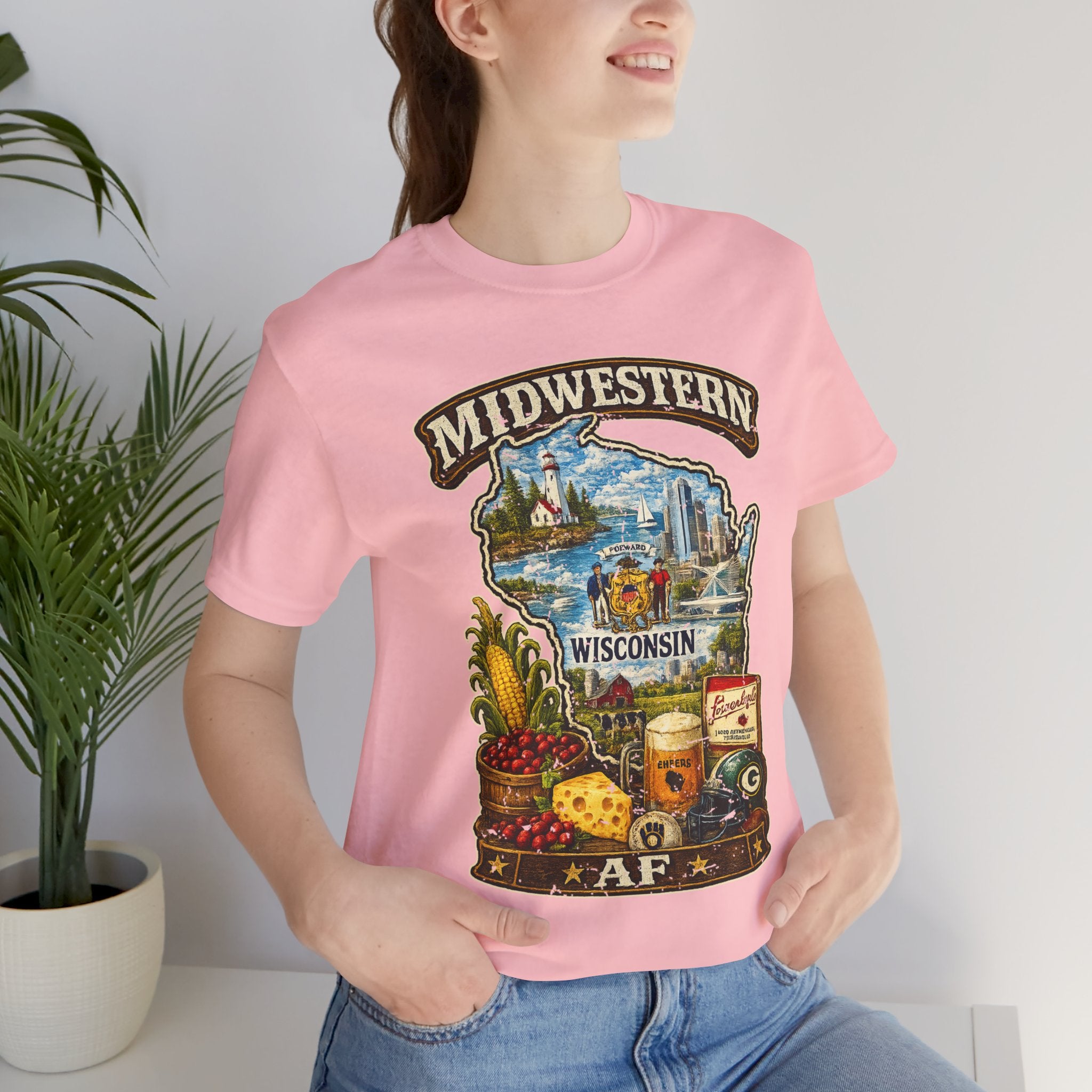 Midwestern AF Wisconsin T-Shirt | Funny Wisconsin Pride Tee | Bella + Canvas 3001 | Family Friendly Cheesehead State Shirt