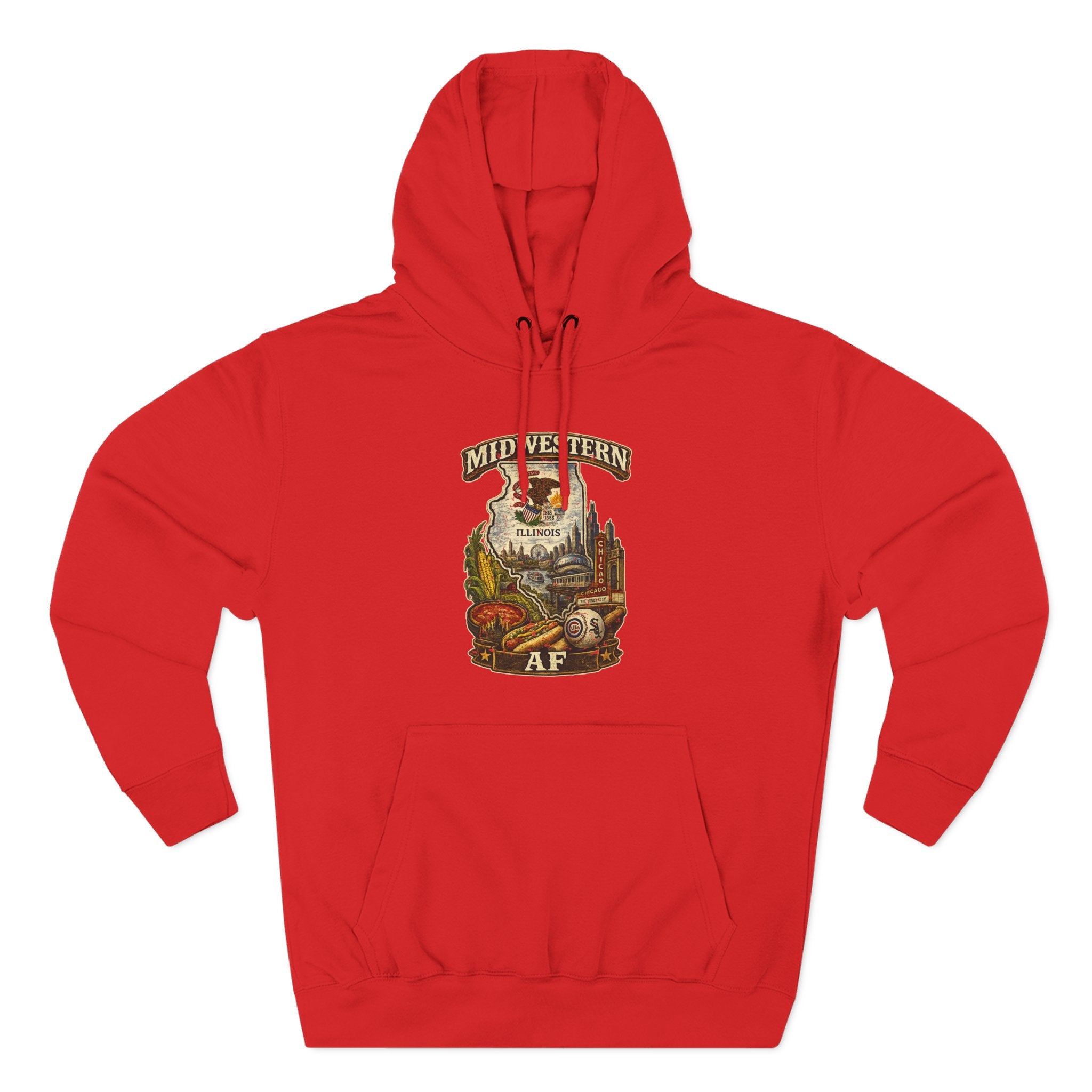 Family Friendly Midwestern AF Illinois Hoodie in Red – a distressed vintage design featuring the Illinois state outline overlaid with the state flag, surrounded by the Chicago skyline, the Chicago Theatre sign, The Bean, deep-dish pizza, a Chicago-style hot dog, and towering corn fields