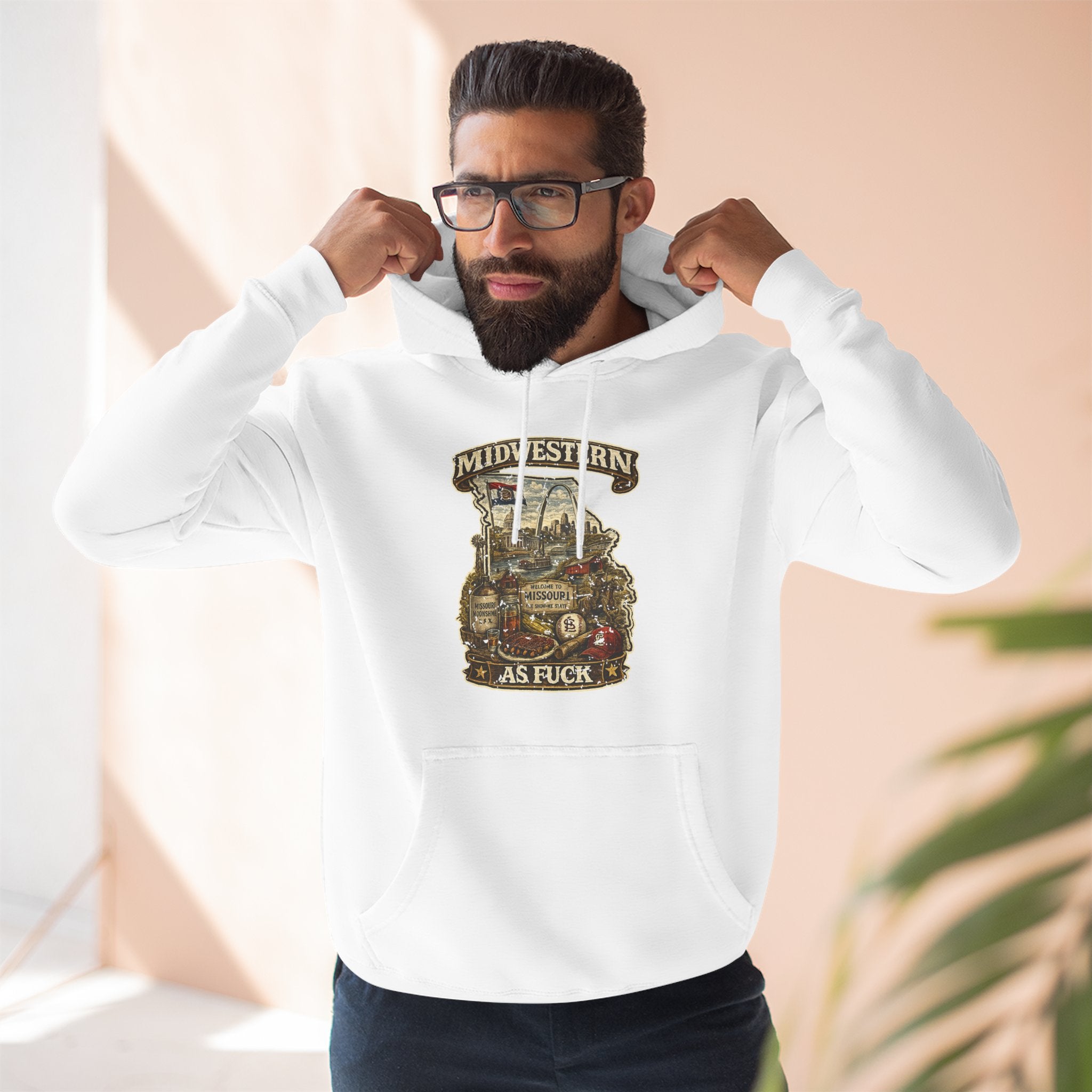 Man wearing white Missouri Midwestern As Fuck hoodie with hood up, front view