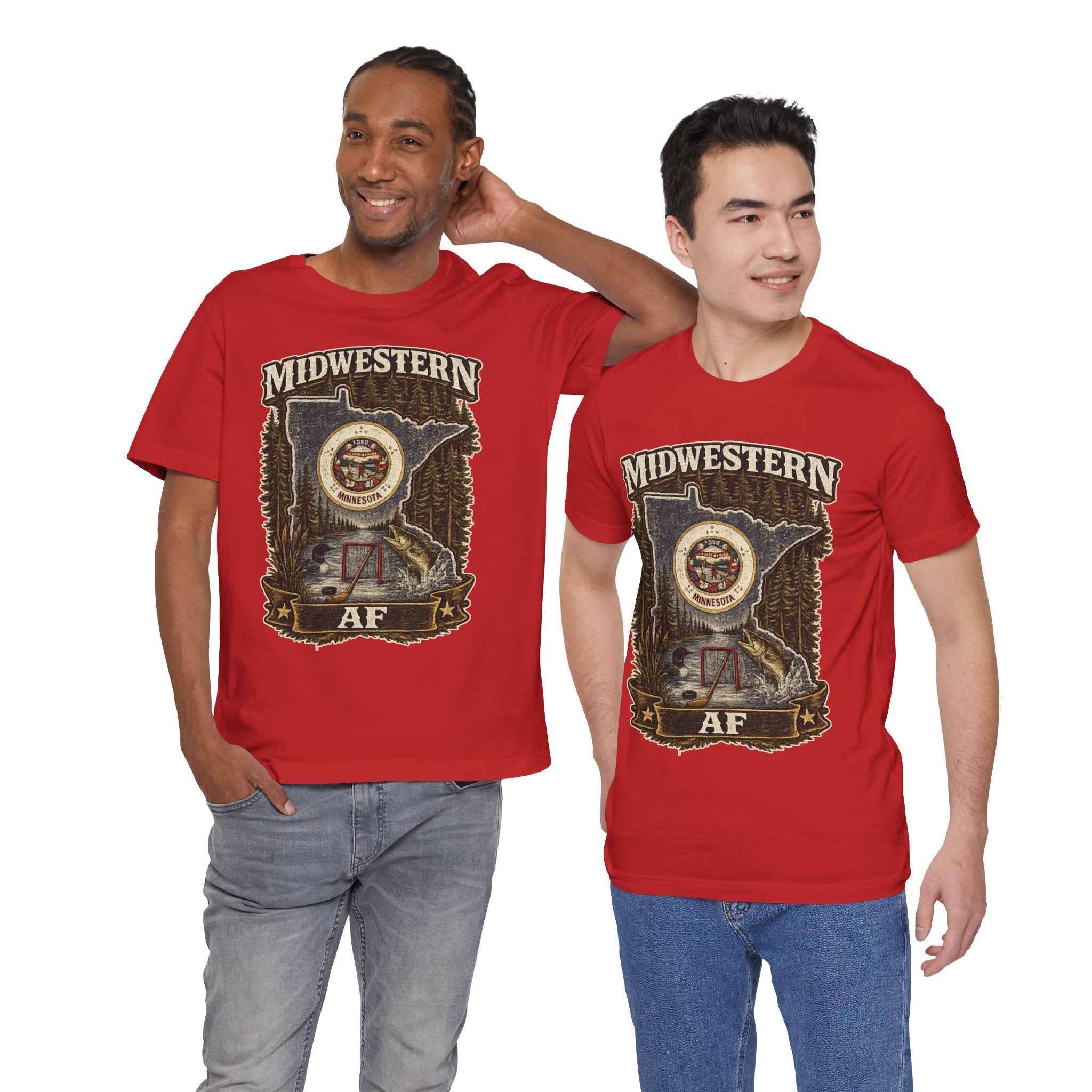 Family Friendly Midwestern AF Minnesota T-Shirt – product photo 18 featuring the distressed state flag, pine trees, loon and walleye design