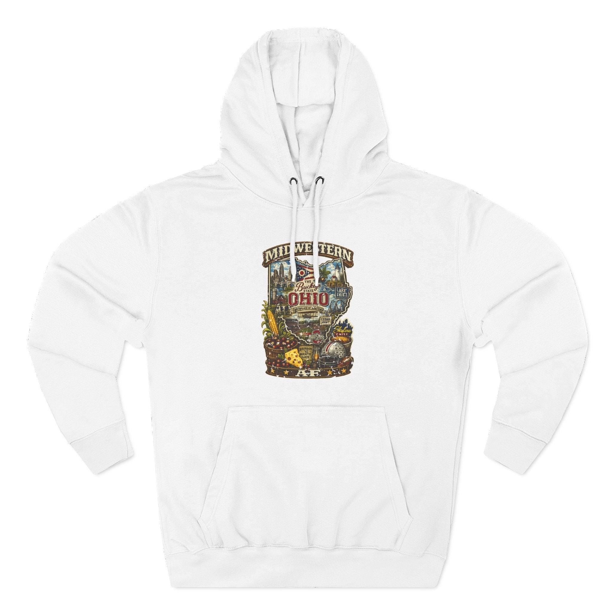 Ohio Midwestern AF hoodie in white laid flat, vintage Buckeye State Ohio graphic pullover
