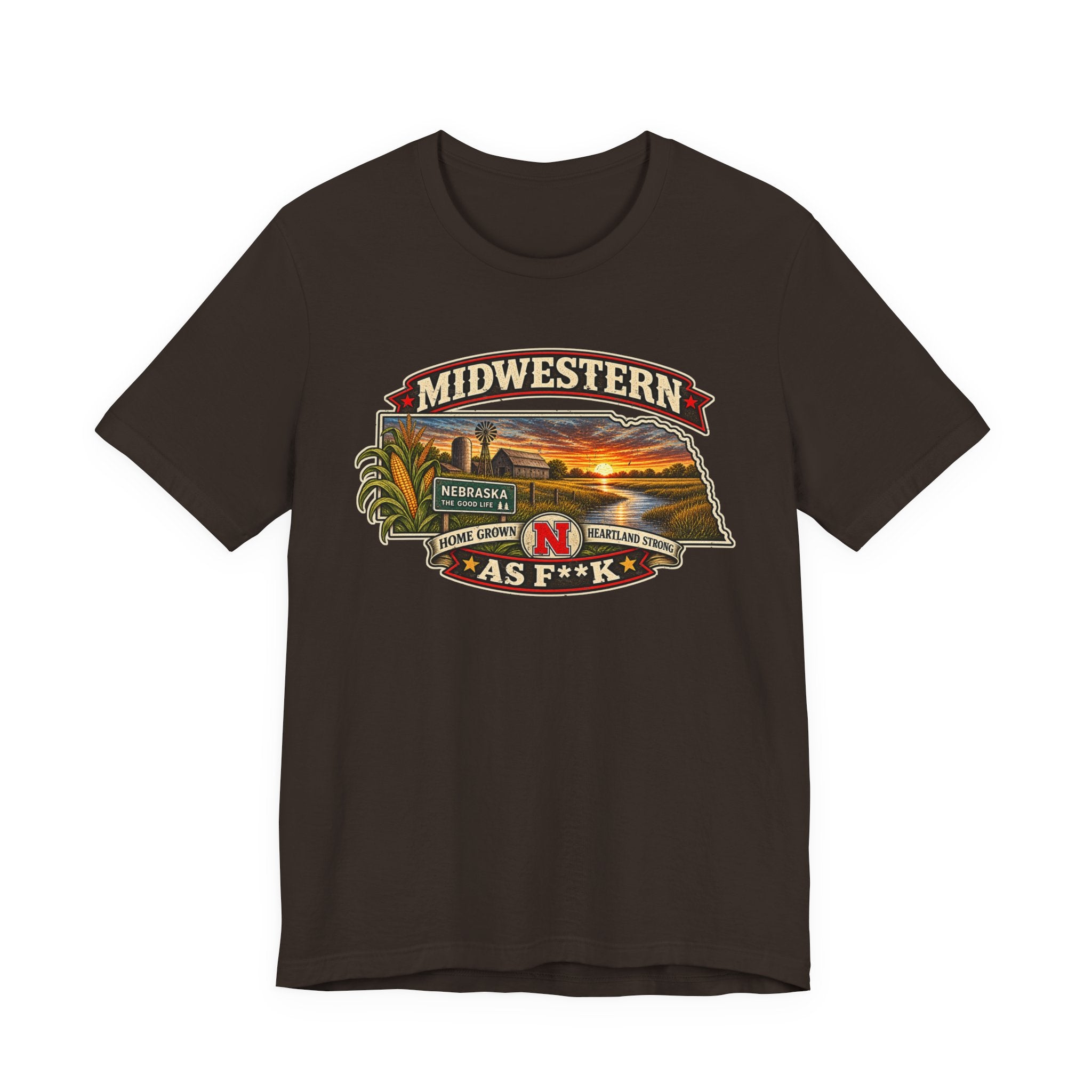 Brown Nebraska As F**K tee laid flat, state-shaped sunset farm badge across the chest