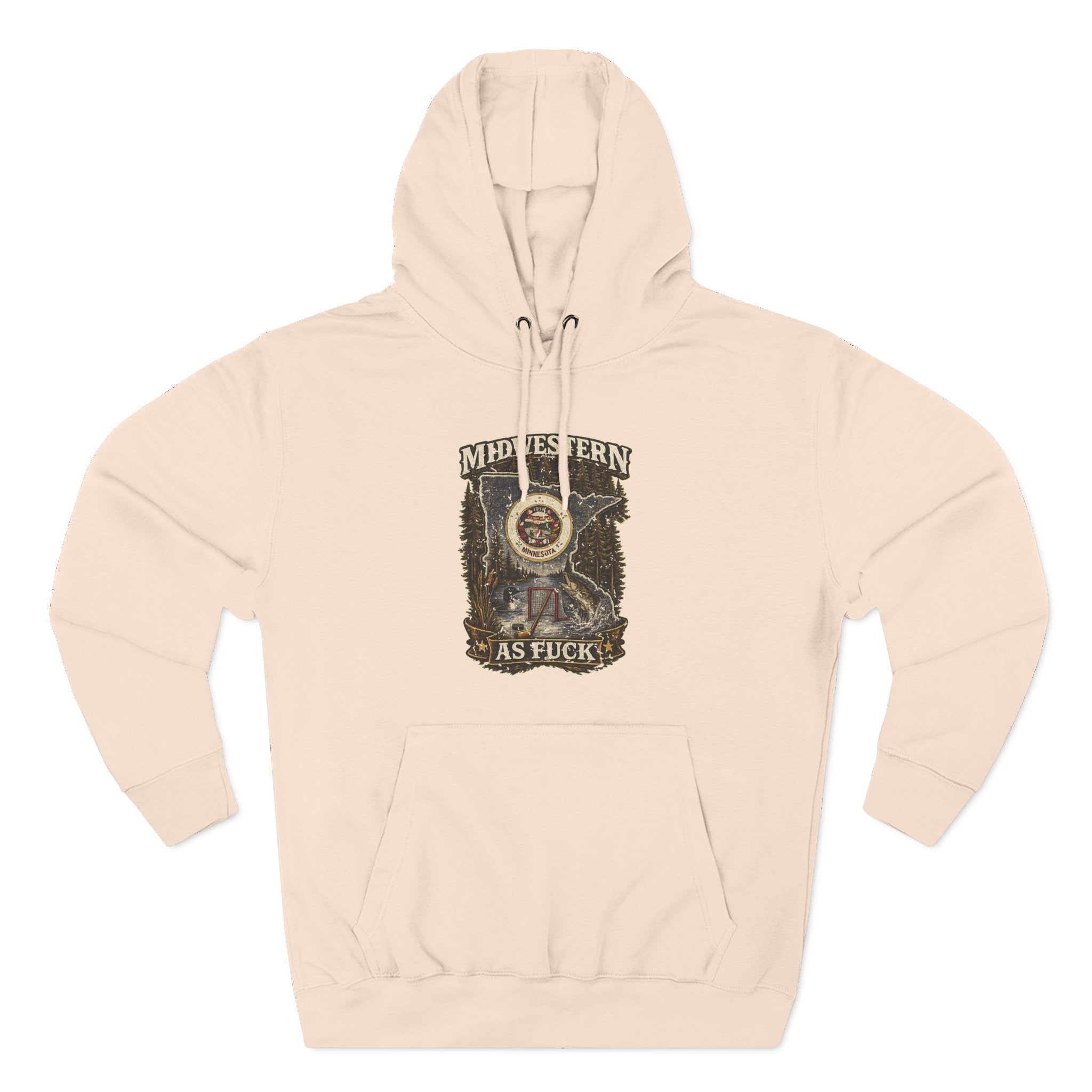 No Filter Midwestern As Fuck Minnesota Hoodie in Pale Pink – distressed Minnesota state flag design with pine trees, loon and walleye