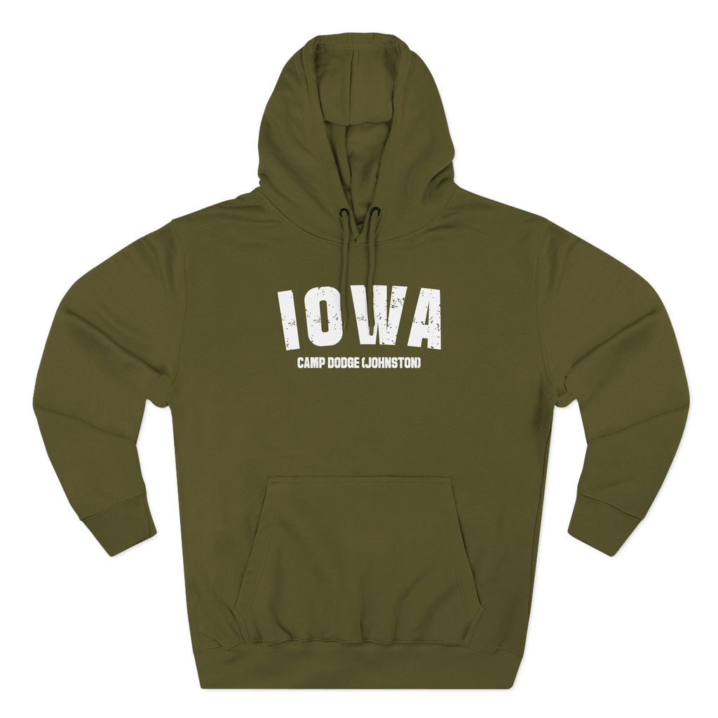 Army green personalized Iowa hoodie laid flat, white varsity IOWA above CAMP DODGE JOHNSTON