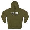 Army green personalized Iowa hoodie laid flat, white varsity IOWA above CAMP DODGE JOHNSTON