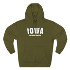 Army green personalized Iowa hoodie laid flat, white varsity IOWA above CAMP DODGE JOHNSTON