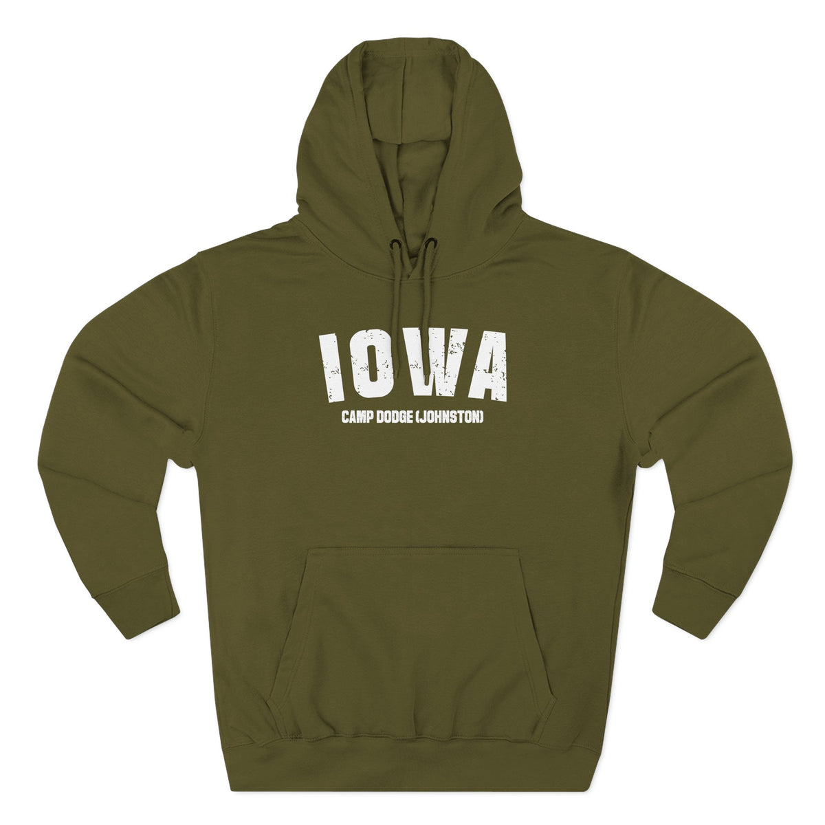 Army green personalized Iowa hoodie laid flat, white varsity IOWA above CAMP DODGE JOHNSTON