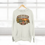 Oatmeal heather Nebraska hoodie on a wooden hanger, front graphic centred