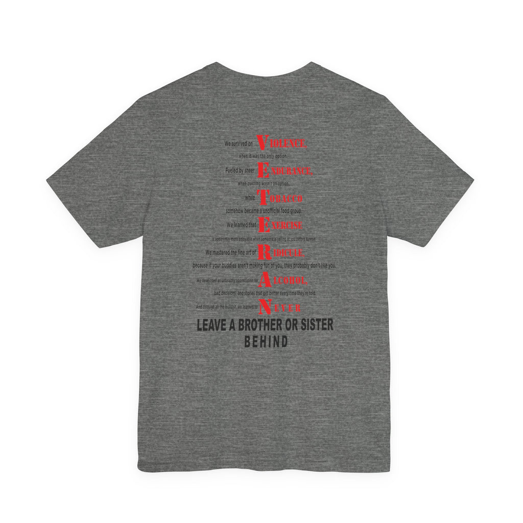 Marine Corps veteran T-shirt in Deep Heather showing the VETERAN acrostic back print