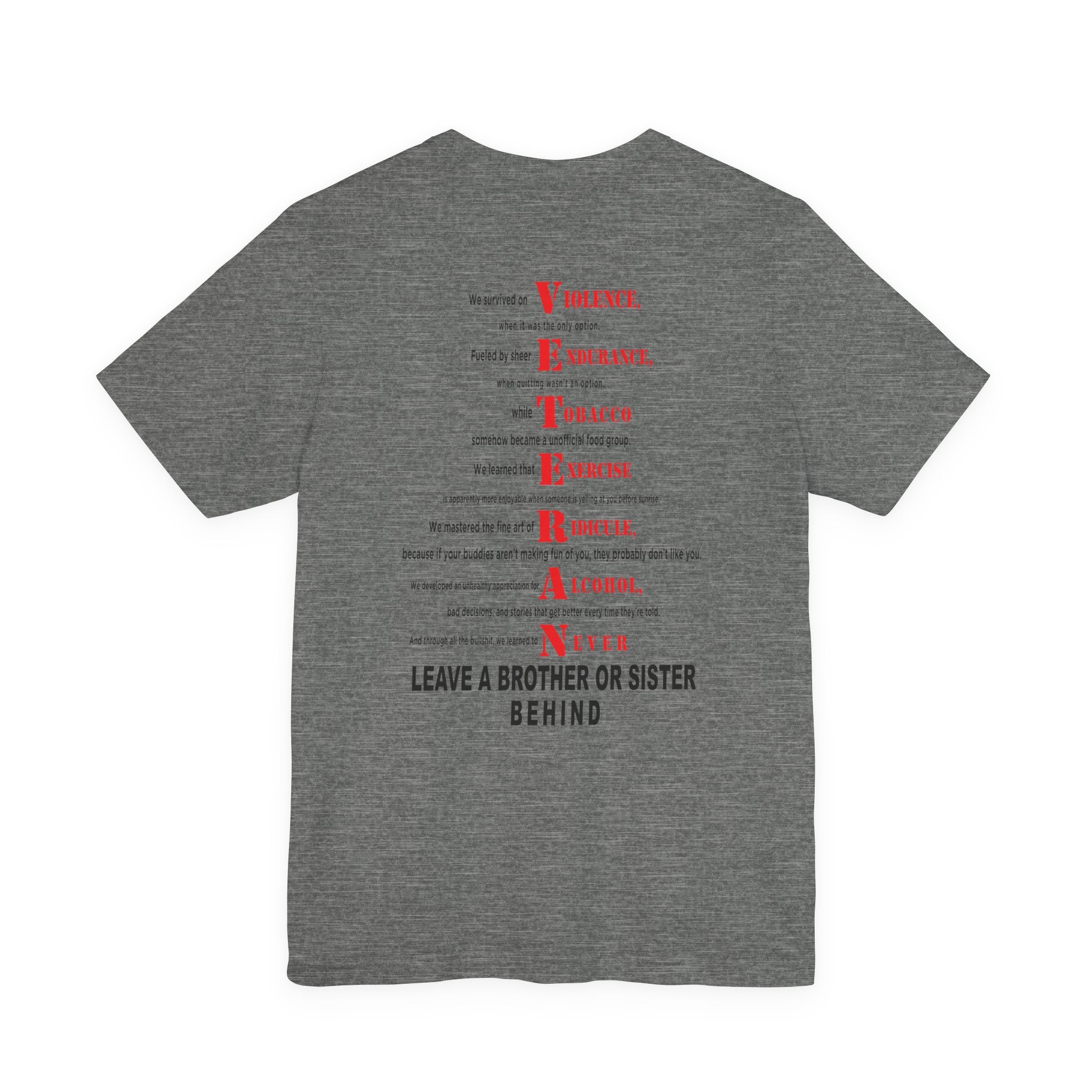 Marine Corps veteran T-shirt in Deep Heather showing the VETERAN acrostic back print