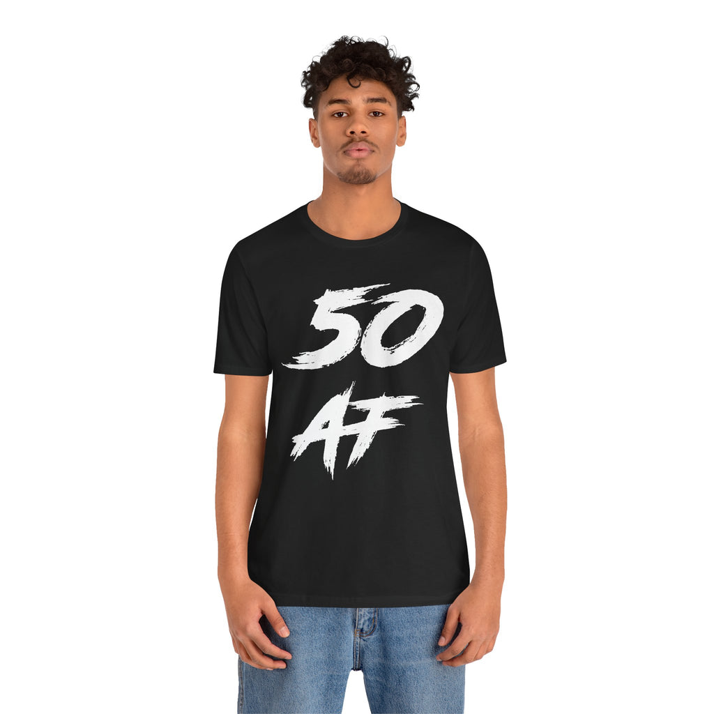 Man wearing the black 50 AF birthday t-shirt, front view against a plain backdrop