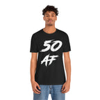 Man wearing the black 50 AF birthday t-shirt, front view against a plain backdrop