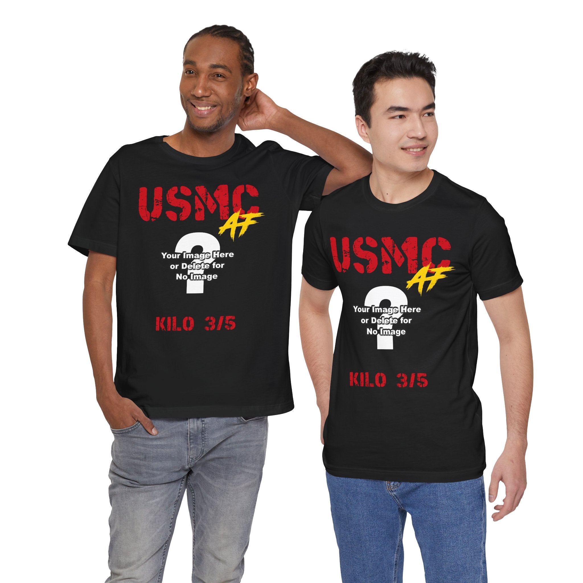 Two men wearing the personalized USMC Marine Corps AF T-shirt in Black