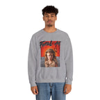 Man wearing the Sport Grey Feral AF sweatshirt with jeans, front print centred on the chest