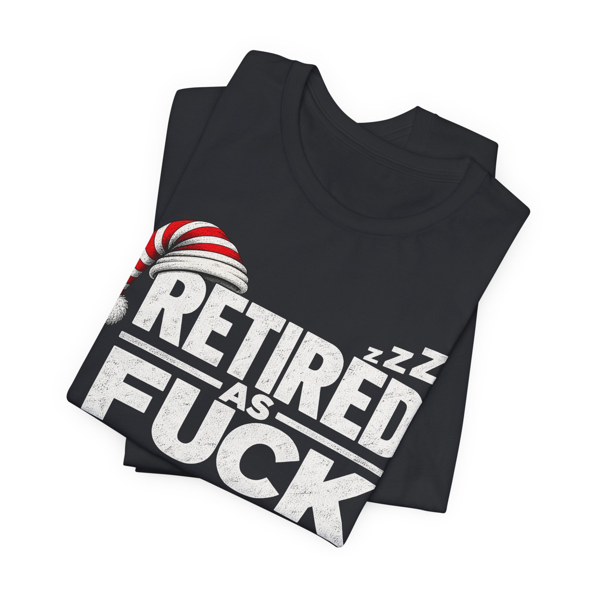 Vintage Black Retired As Fuck T-shirt folded, white lettering angled across the fold