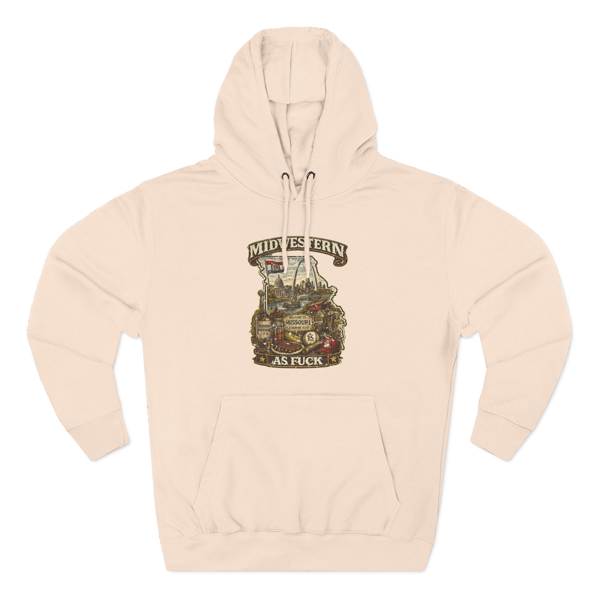 Missouri Midwestern As Fuck hoodie in Pale Pink laid flat, vintage Show-Me State graphic design