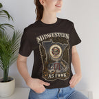 Slightly Salty Midwestern As F**K Minnesota T-Shirt – product photo 5 featuring the distressed state flag, pine trees, loon and walleye design