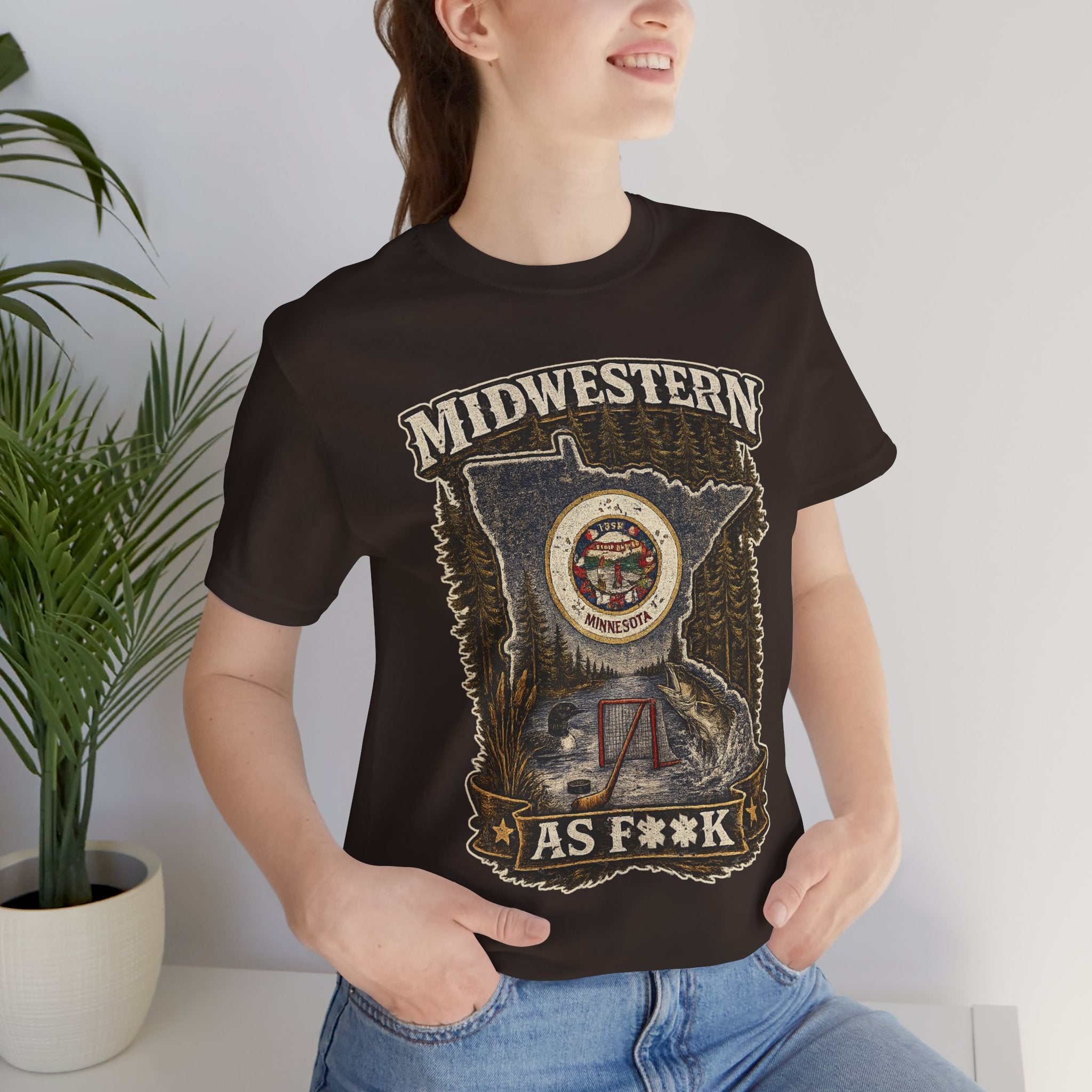 Slightly Salty Midwestern As F**K Minnesota T-Shirt – product photo 5 featuring the distressed state flag, pine trees, loon and walleye design