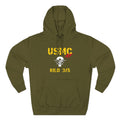 Personalized USMC Marine Corps AF hoodie in Army Green with gold USMC lettering, a custom photo area and unit text