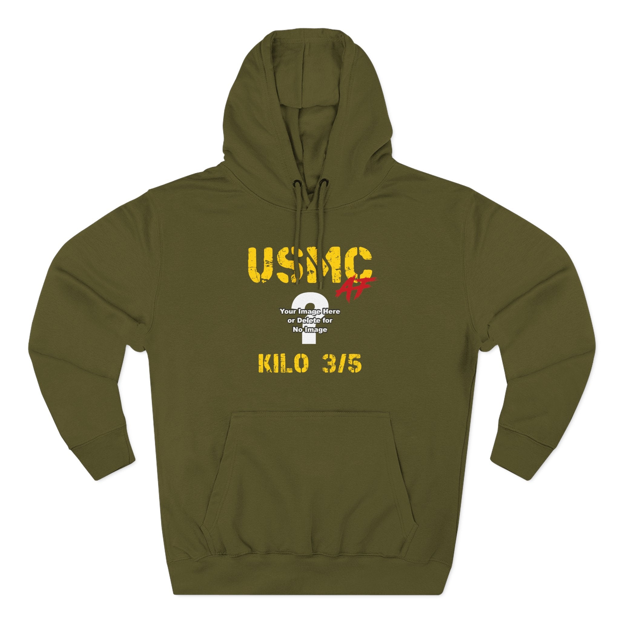 Personalized USMC Marine Corps AF hoodie in Army Green with gold USMC lettering, a custom photo area and unit text