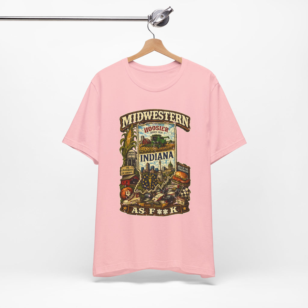 Indiana Midwestern As F**K T-Shirt on Bella + Canvas 3001, slightly salty Indianapolis skyline and Indy 500 graphic