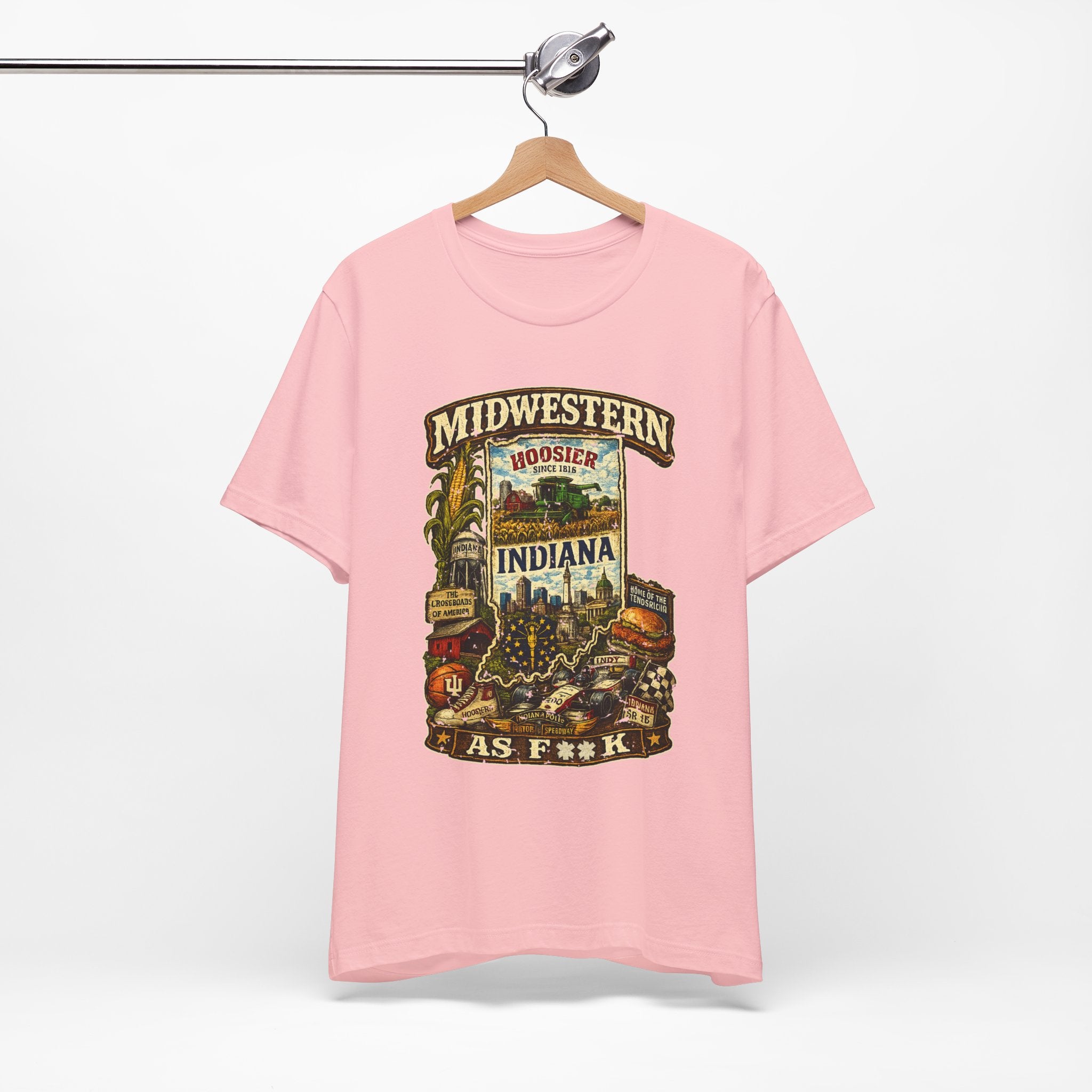 Indiana Midwestern As F**K T-Shirt on Bella + Canvas 3001, slightly salty Indianapolis skyline and Indy 500 graphic