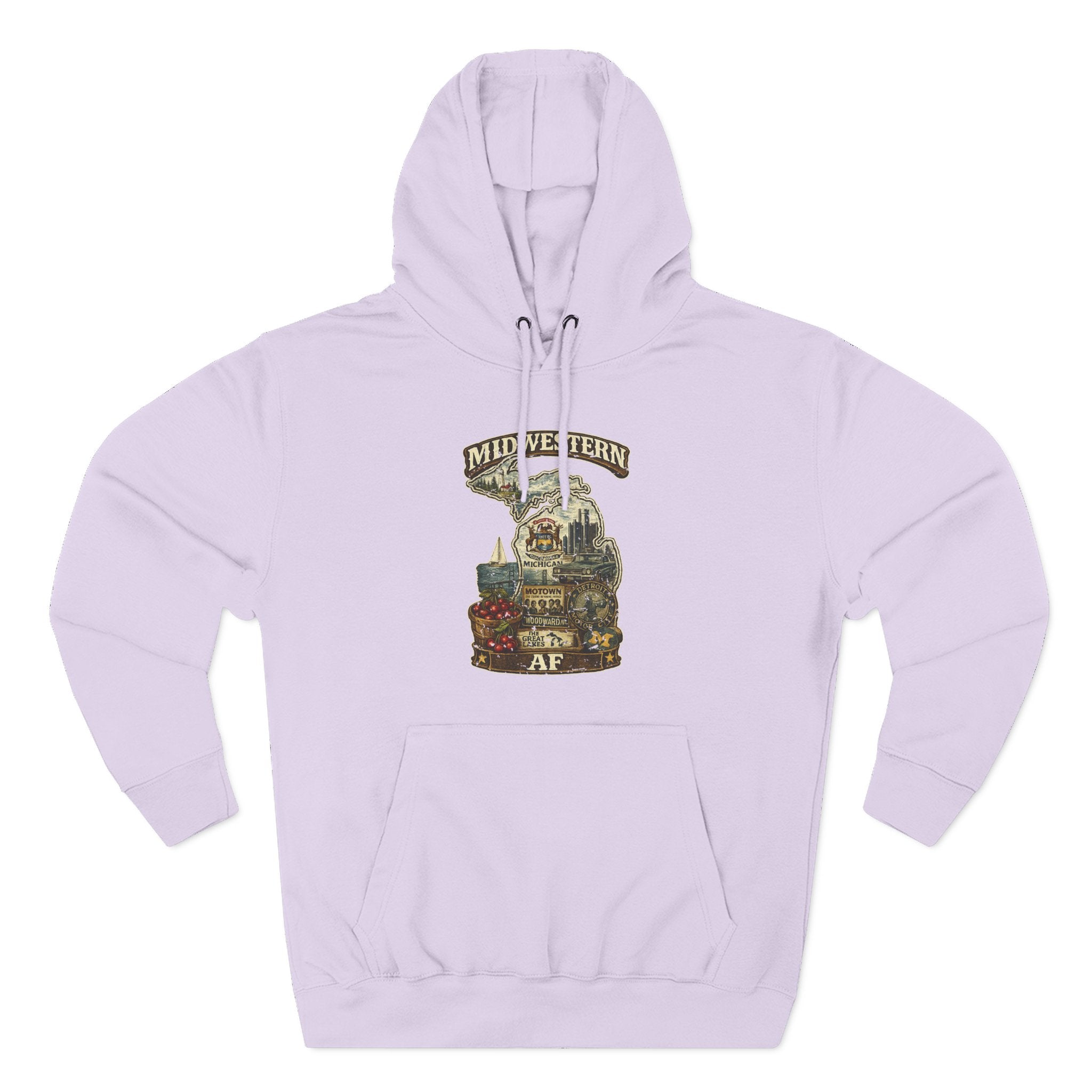 Family Friendly Midwestern AF Michigan Hoodie in Lilac – a distressed vintage design featuring Michigan's Upper and Lower Peninsulas overlaid with the state outline, surrounded by Detroit's skyline, Woodward Avenue, the Great Lakes, and Traverse City cherries