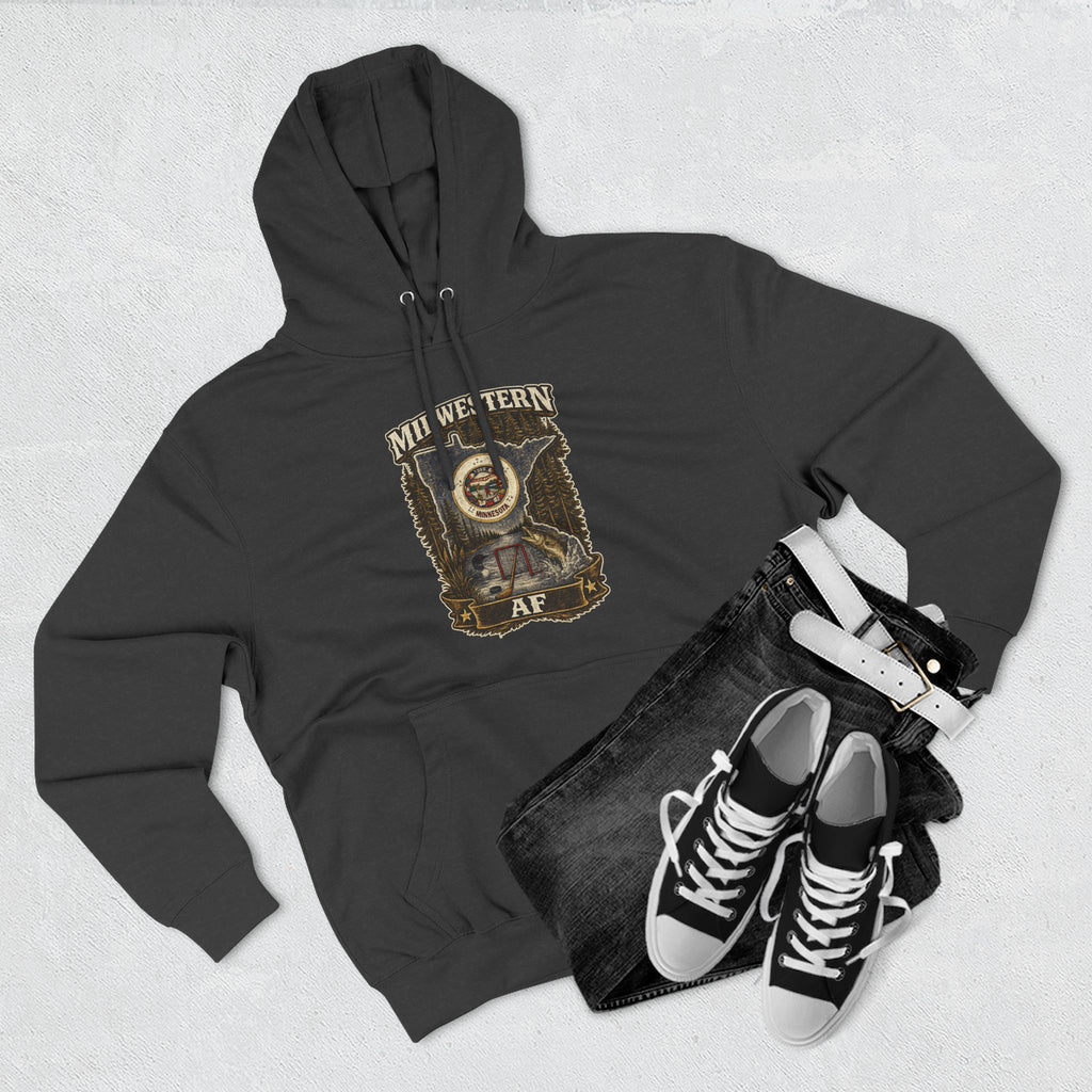 Family Friendly Midwestern AF Minnesota Hoodie – product photo 17 featuring the distressed state flag, pine trees, loon and walleye design