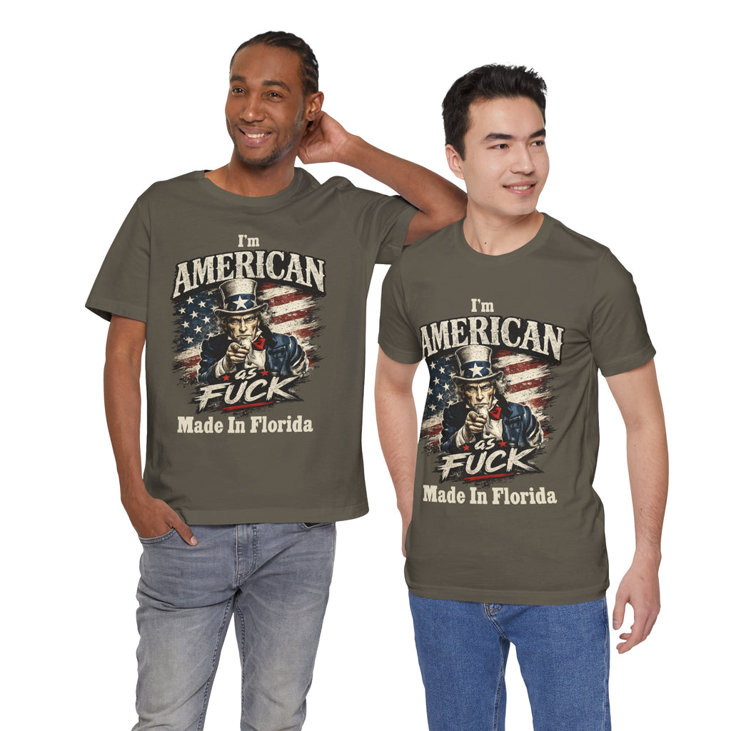 Two models wearing army green t-shirts, each printed with the Uncle Sam 'American As Fuck' graphic