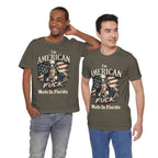 Two models wearing army green t-shirts, each printed with the Uncle Sam 'American As Fuck' graphic