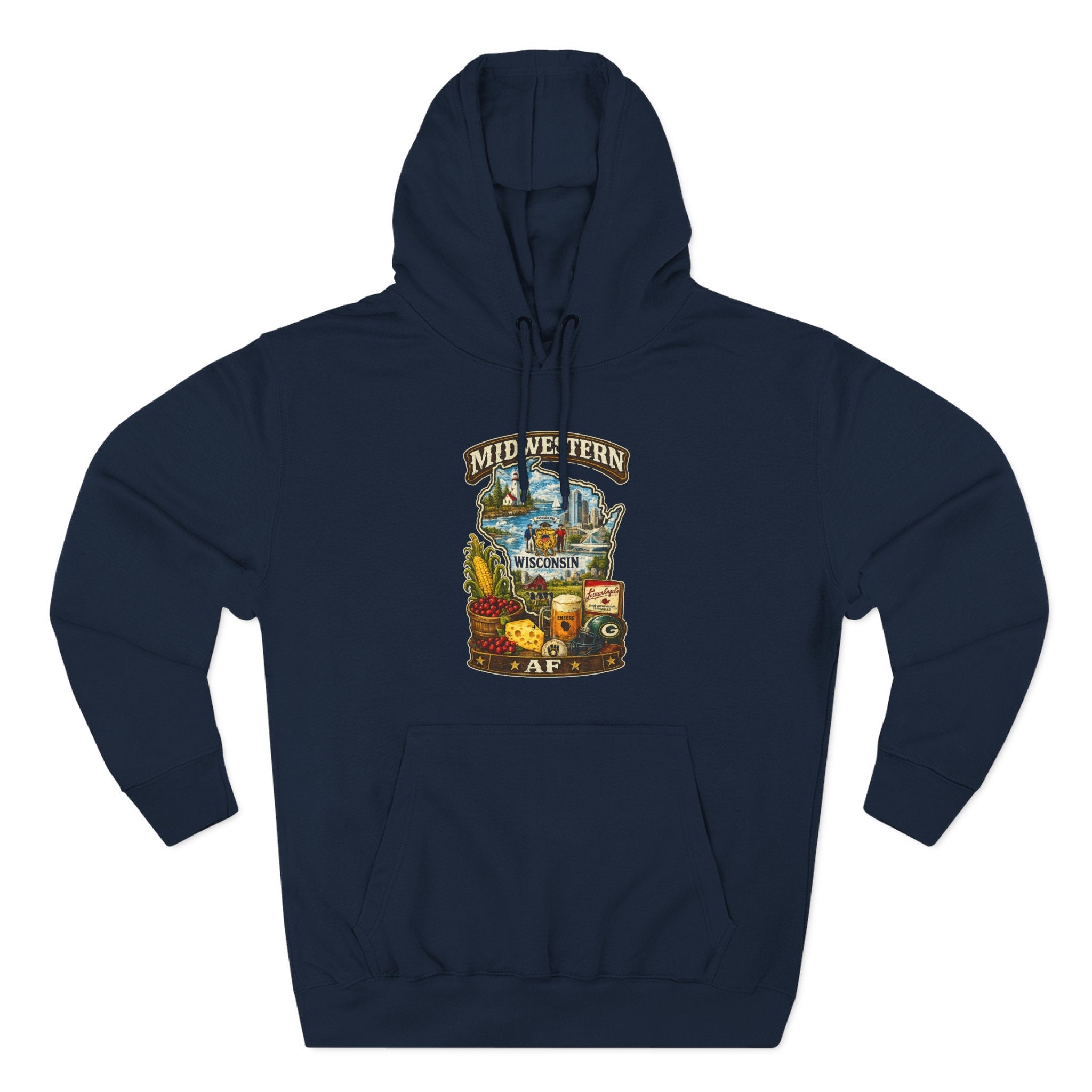 Navy Midwestern AF Wisconsin Hoodie, family friendly Cheesehead State pride pullover