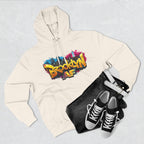 Sandshell hoodie flat lay styled with black jeans and sneakers, showing the graffiti-style Brooklyn AF skyline print.