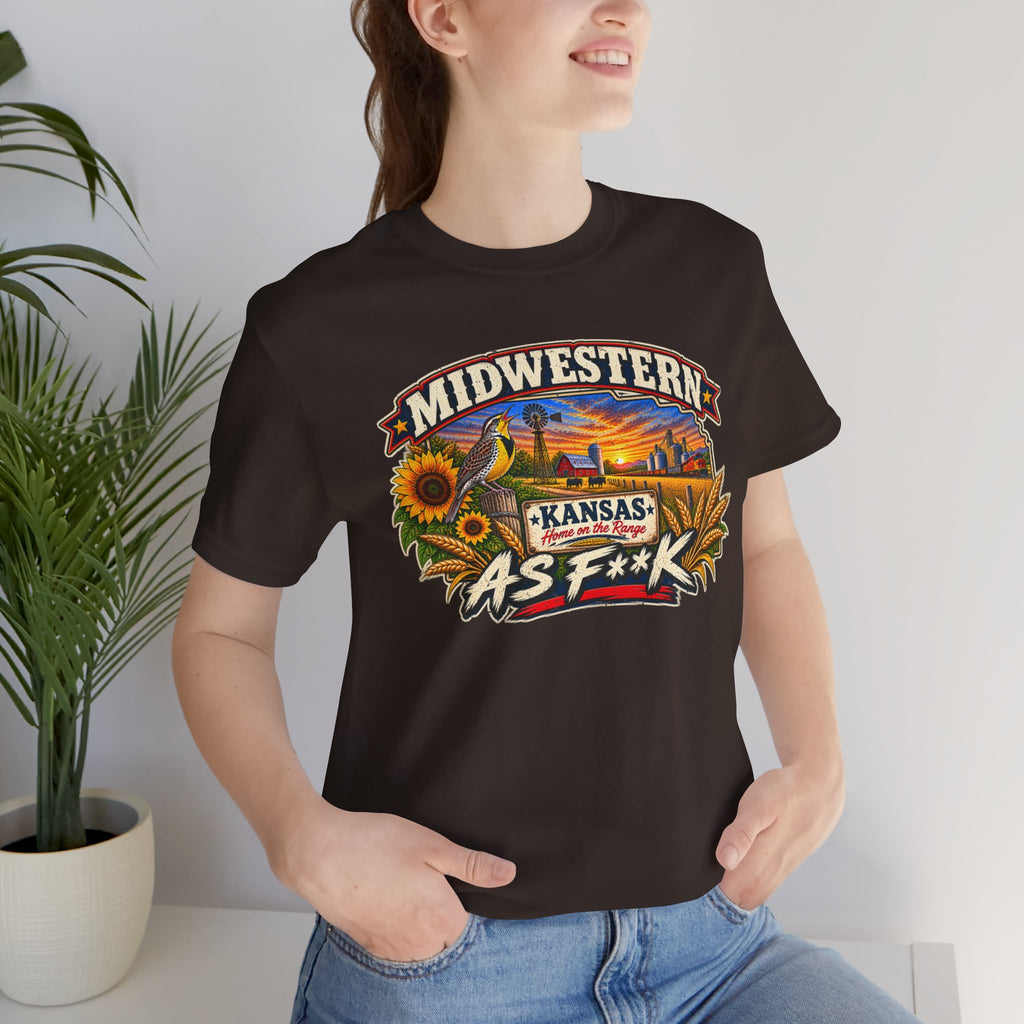 Woman in the brown Kansas As F**K tee indoors, censored banner across the chest