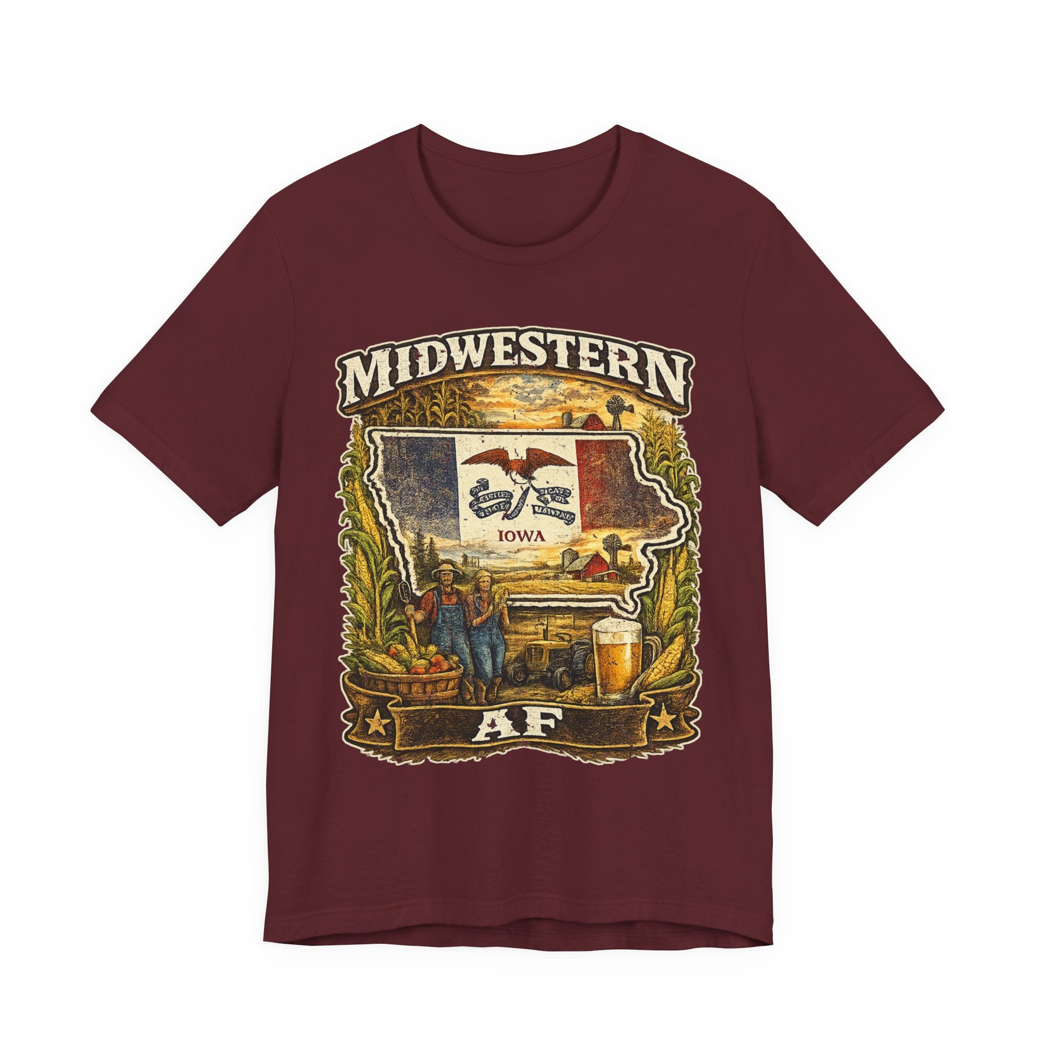 Family Friendly Midwestern AF Iowa T-Shirt in Maroon – a distressed vintage design featuring the outline of Iowa overlaid with the Iowa state flag, surrounded by towering corn stalks, rolling farmland, a classic red barn, a windmill, a tractor, and an overflowing harvest basket