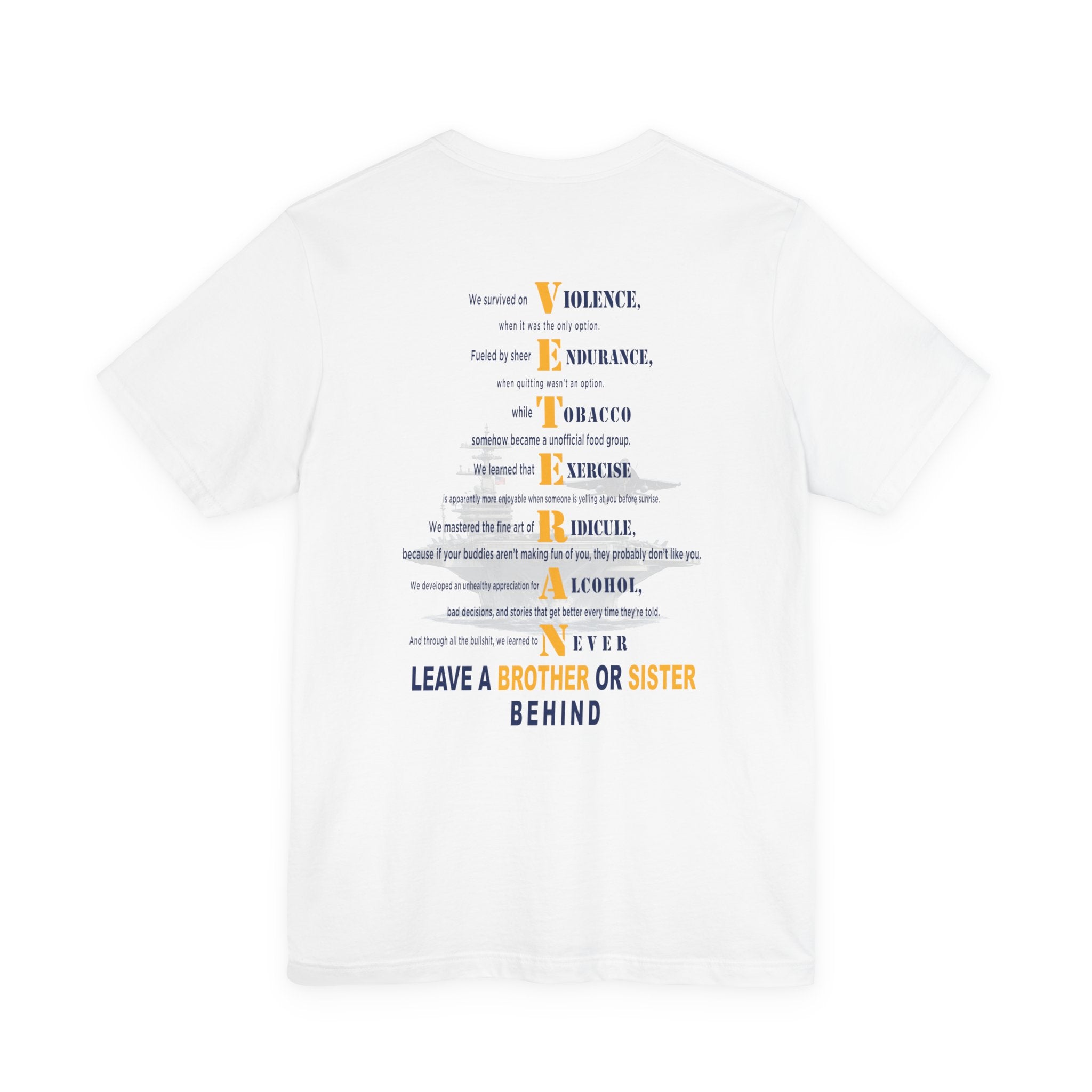 Navy veteran tee in White with the VETERAN acrostic back print over a faded aircraft carrier