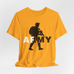 Gold Army AF T-shirt draped flat, white AF and dark RMY behind a charcoal soldier