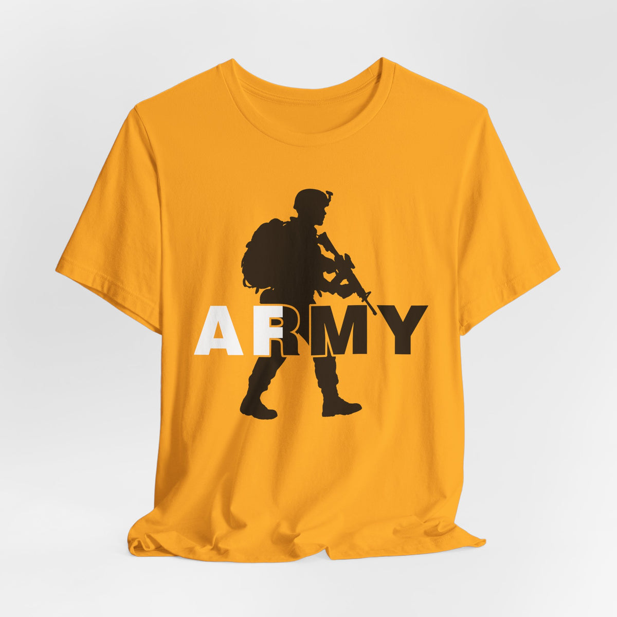 Gold Army AF T-shirt draped flat, white AF and dark RMY behind a charcoal soldier