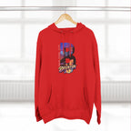 Red hoodie on a hanger, front view, featuring the oversized B Brooklyn Bridge sunset skyline graphic.