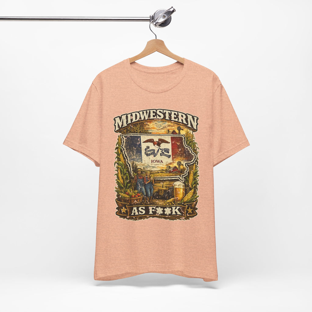 Slightly Salty Midwestern As F**K Iowa T-Shirt – product photo 9 featuring a distressed vintage design featuring the outline of Iowa overlaid with the Iowa state flag, surrounded by towering corn stalks, rolling farmland, a classic red barn, a windmill, a tractor, and an overflowing harvest basket