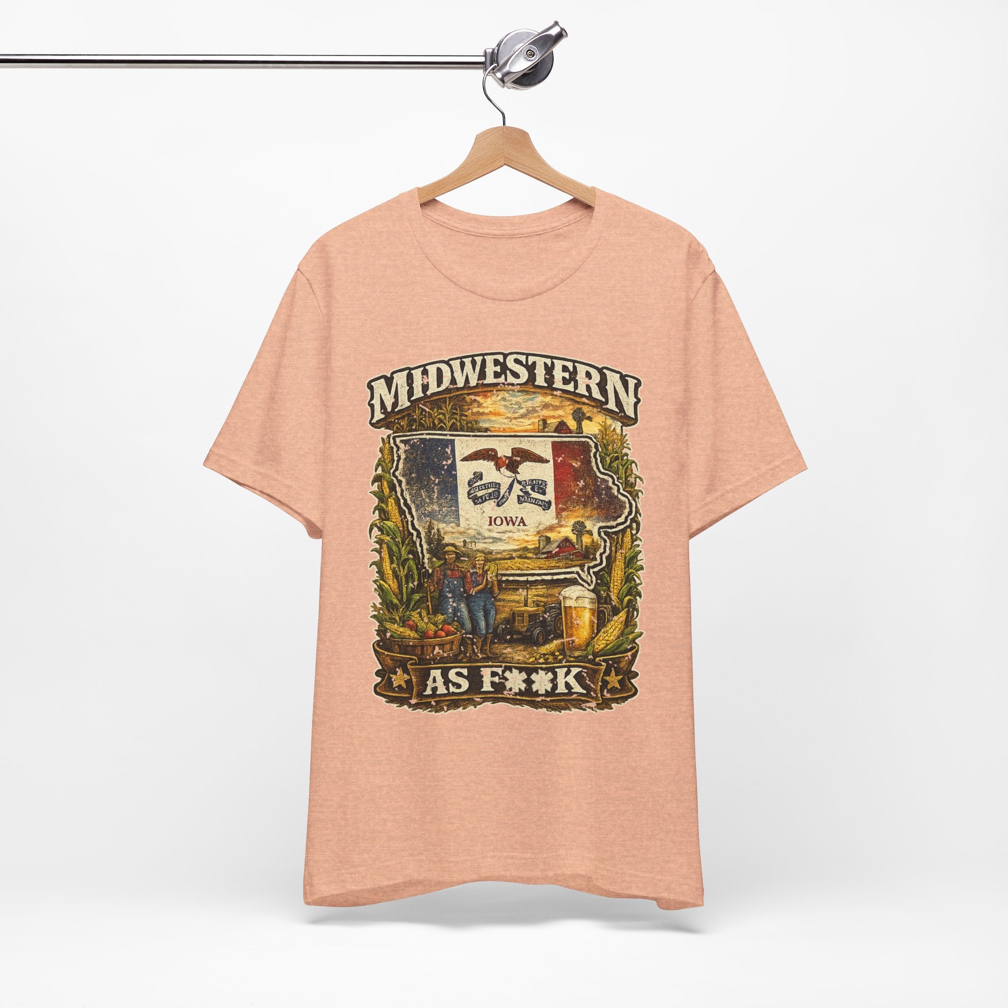 Slightly Salty Midwestern As F**K Iowa T-Shirt – product photo 9 featuring a distressed vintage design featuring the outline of Iowa overlaid with the Iowa state flag, surrounded by towering corn stalks, rolling farmland, a classic red barn, a windmill, a tractor, and an overflowing harvest basket