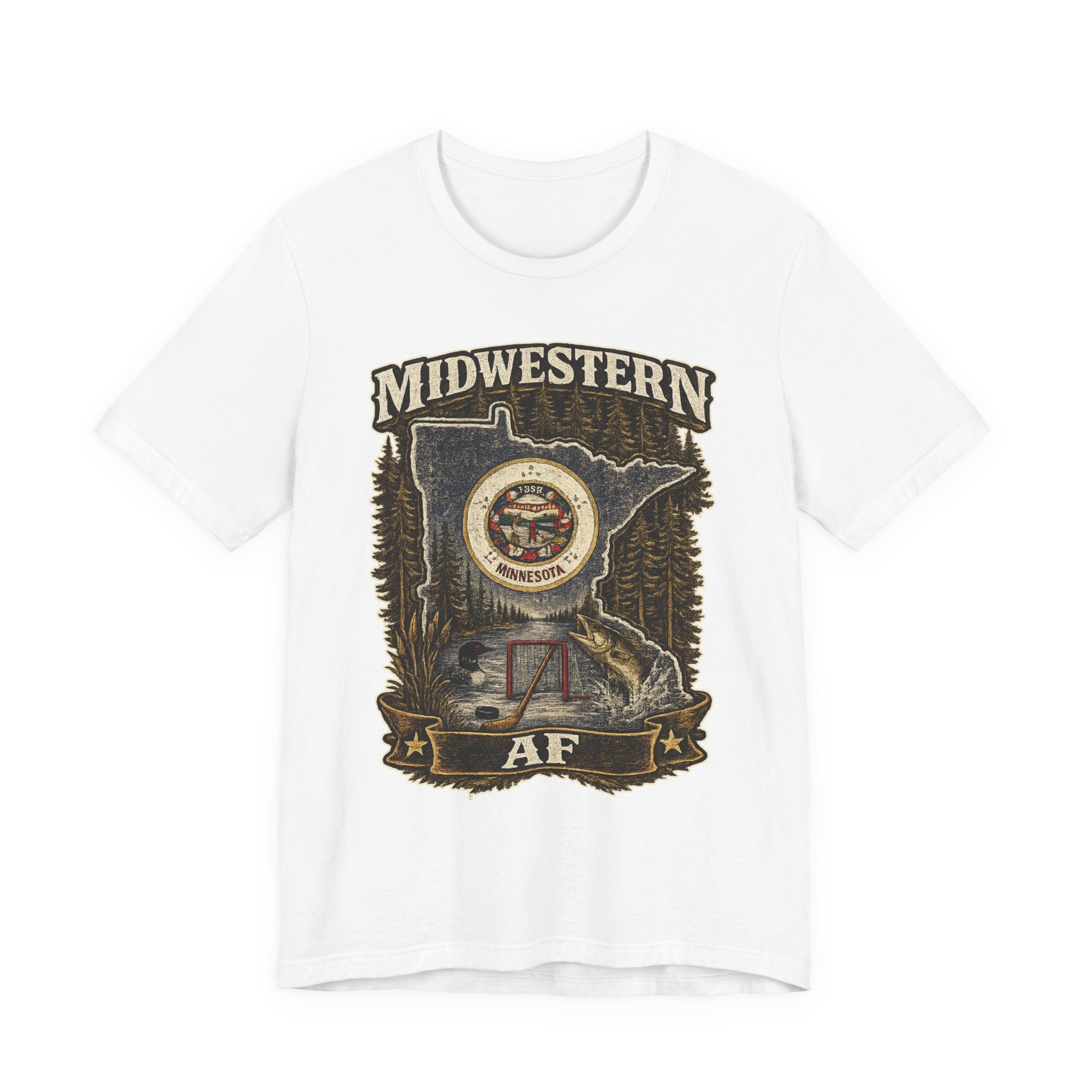 Family Friendly Midwestern AF Minnesota T-Shirt in White – distressed Minnesota state flag design with pine trees, loon and walleye