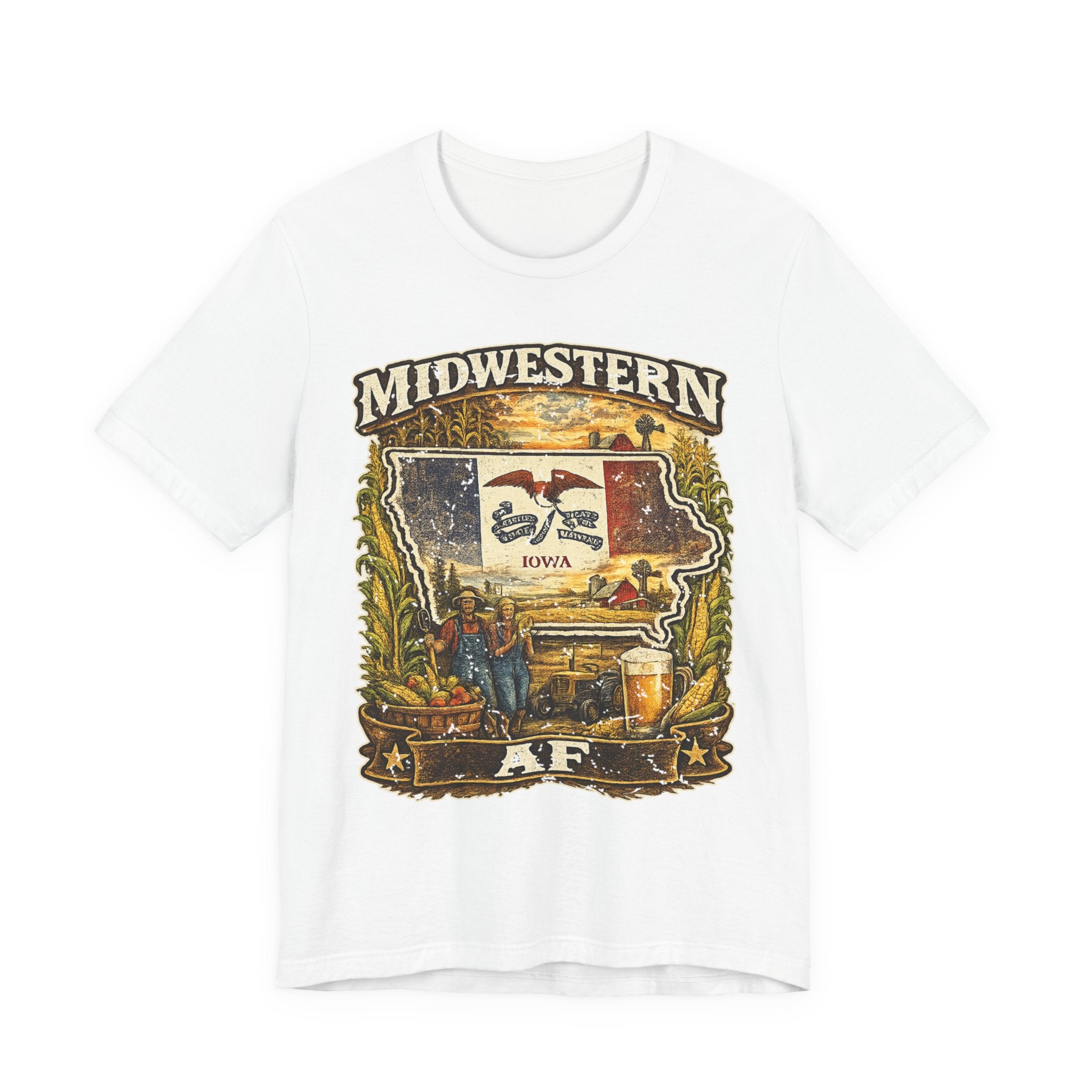 Family Friendly Midwestern AF Iowa T-Shirt in White – a distressed vintage design featuring the outline of Iowa overlaid with the Iowa state flag, surrounded by towering corn stalks, rolling farmland, a classic red barn, a windmill, a tractor, and an overflowing harvest basket