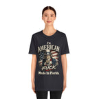 Dark grey t-shirt worn by a female model facing forward, printed with the Uncle Sam design